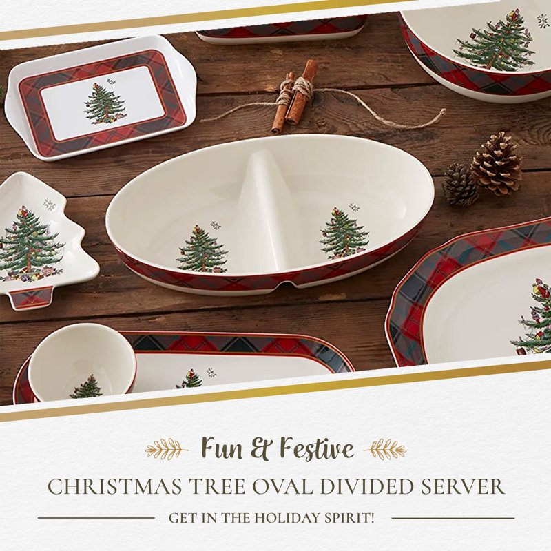 Spode Christmas Tree Tartan Oval Divided Server 13"