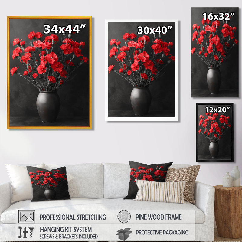 Monochromes rouges, noirs, vibrants, œillets I - œillets, art mural, salon, Toile avec cadre flottant brun
