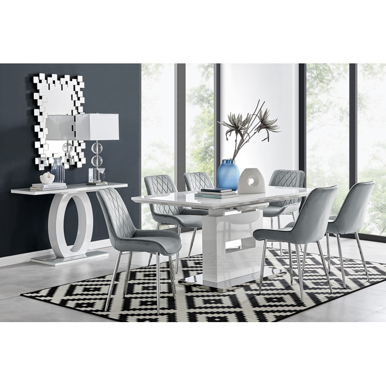 Alezzo Modern High Gloss Extendable Dining Table Set with 6 Luxury Velvet Dining Chairs