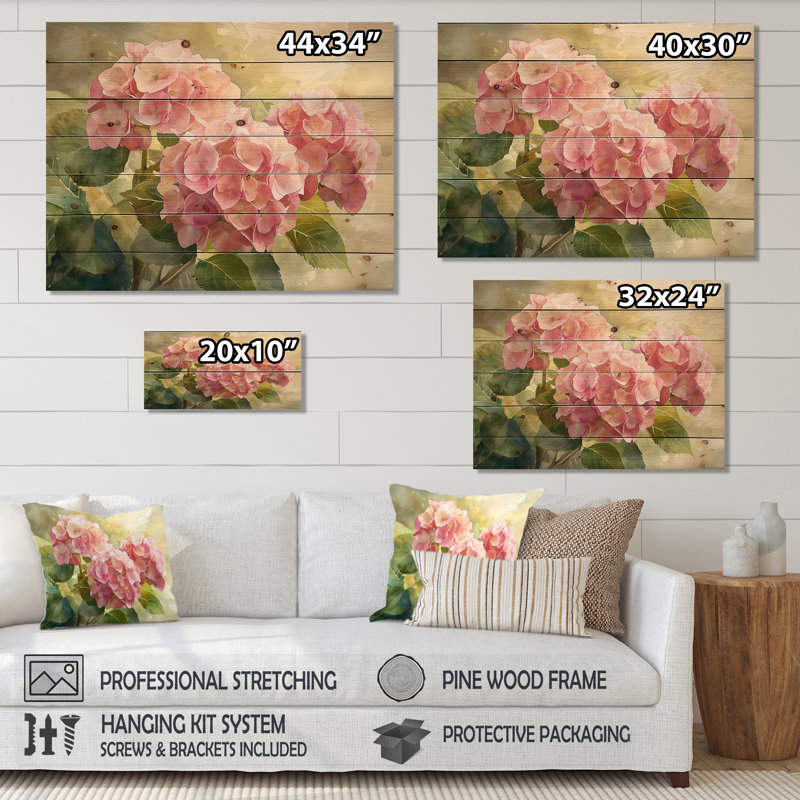 Hortensias dans un jardin d'été I - Art mural en bois d'hortensias - sur bois de pin naturel, H 10 po x l 20 po