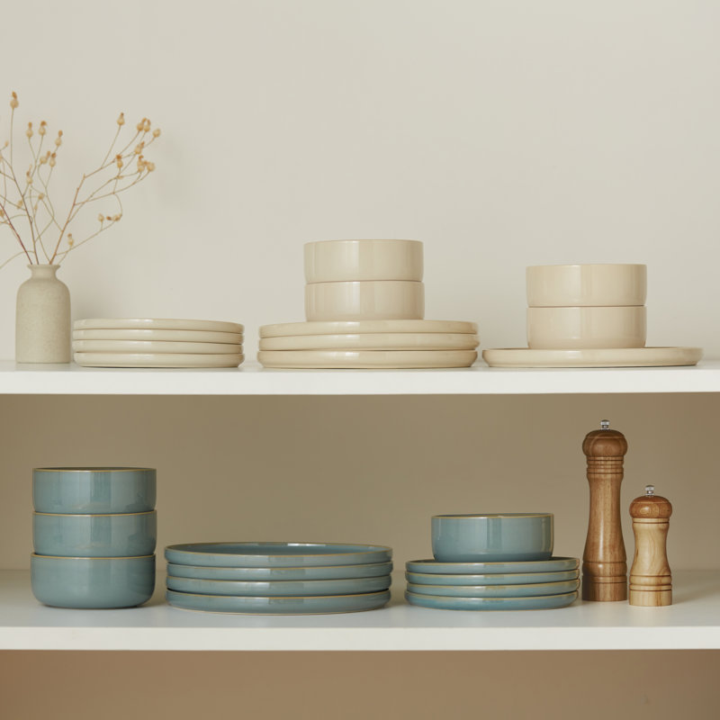  Service de table en céramique, 12 pièces, noir / jade, service pour 4, Vert sauge