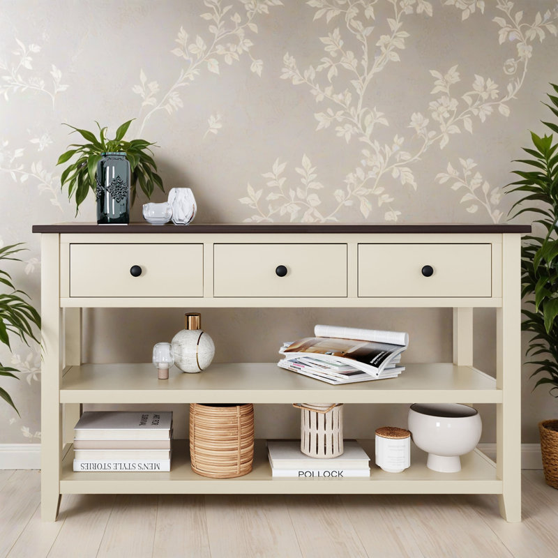 Console de 50,02 po, table d'entrée minimaliste à 3 tiroirs, table de canapé avec 2 tablettes pour le salon, couloir, Beige