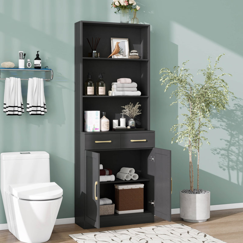 Grande armoire de rangement, armoire de rangement de plancher de salle de bain avec deux portes, 2 tiroirs, tablettes réglables et tablette ouverte à trois couches