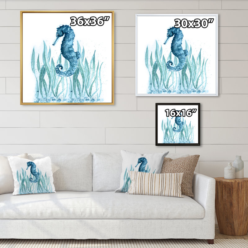 Blue Art Seahorse - on, Toile avec cadre noir, H 16 po x l 16 po x P 1 po