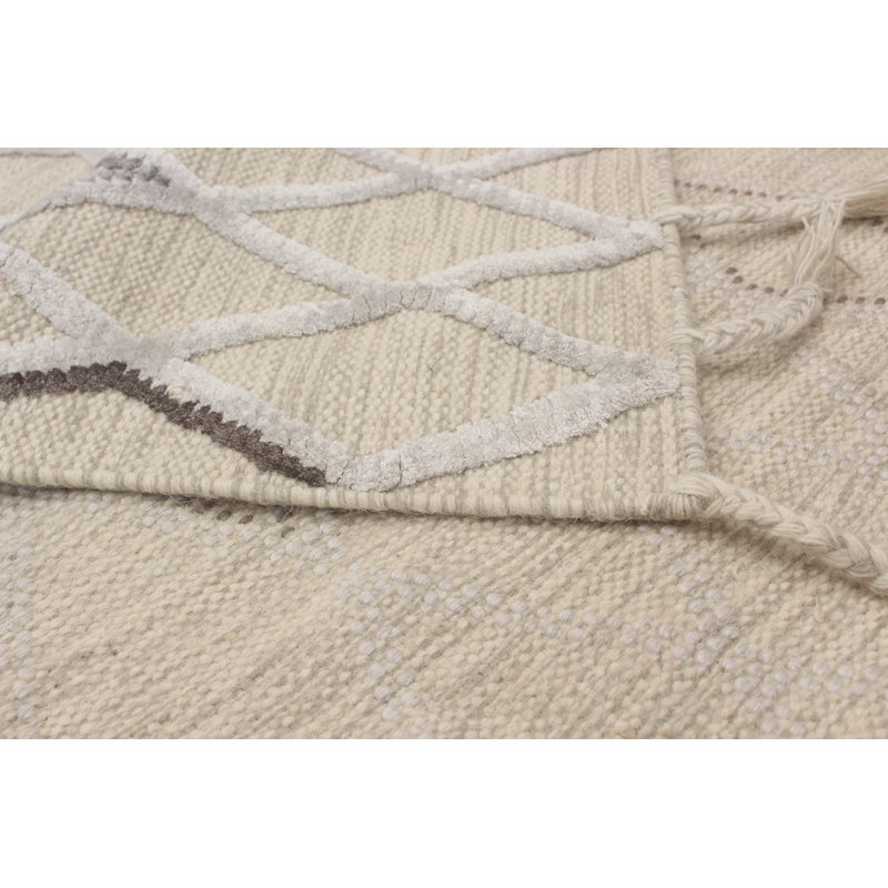 Tapis kaki clair en laine et soie tissés à plat Friese, Rectangle 5 pi x 8 pi
