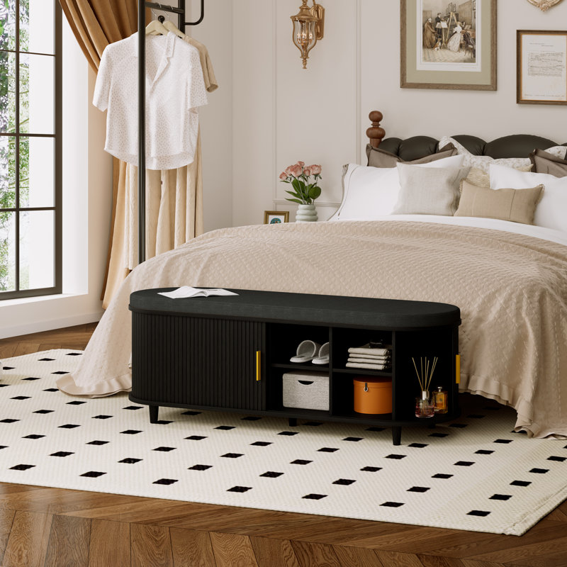 Banc de rangement à chaussures à 2 étages de style Mid-Century moderne avec porte coulissante cannelée et tablettes réglables