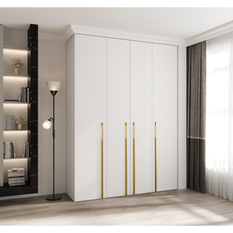 4 Door Manufactured Wood Wardrobe, 245,5 H x 180 W x 40 D, white matt + handles: gold