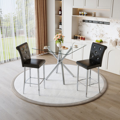 Ensemble de 2 tables de bar et tabourets de bar à hauteur fixe en verre Modern
