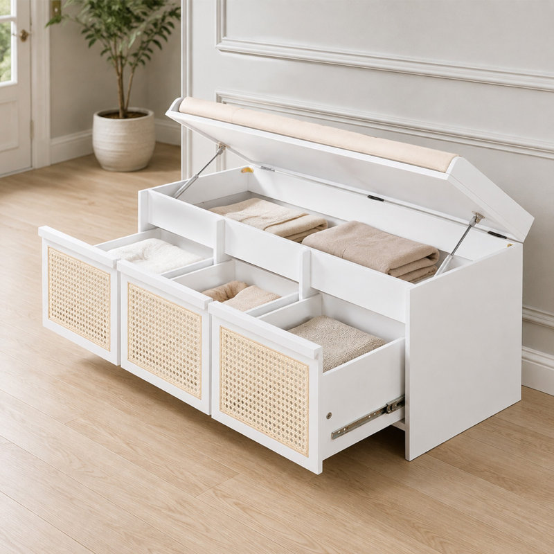 Banc de rangement pour chaussures 48 pouces avec tiroirs en rotin et coussin rembourré, Blanc