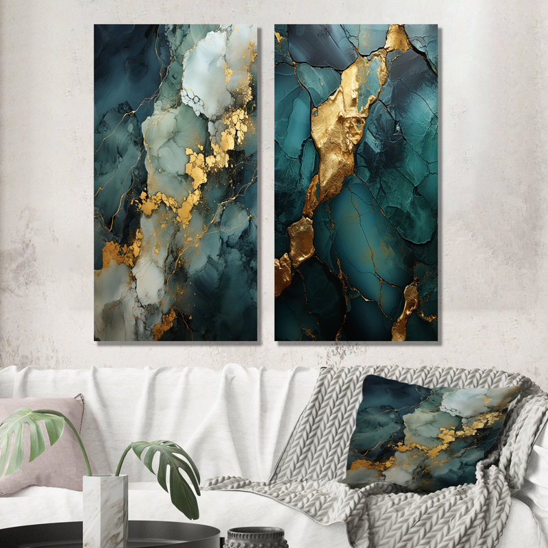 Or et vert, motif de marbre abstrait I - ensemble d'art mural en marbre abstrait en métal de 2, H 28 po x l 24 po