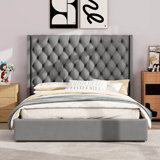 Upholstered Bed Frame With 67.5" Tall Headboard Wingback Platform Bed Tufted Deep Button Velvet