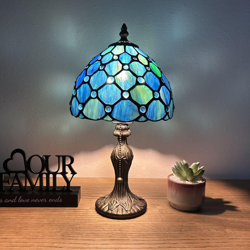 Haruko Tiffany Mini Table Lamp Blue Stained Glass Crystal Beans Pull Chain Switch LED Bulb Included  8" D*8" W*15" H