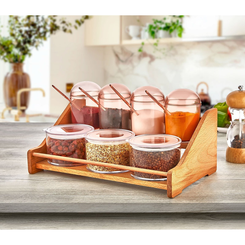 Spice Jar & Kitchen Shelf Set, 100% Plastic Jars (4 x 9.8 oz & 3 x 13.5 oz), Wooden Stand (13.2 x 7.9 x 6.7 in) | BPA-Free, Dishwasher-Safe | Perfect for Organizing Spices, Light Brown Finish, Elegant Design