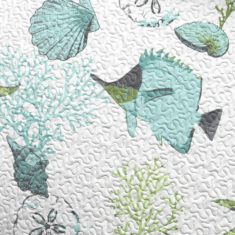 Blue / Green Fish & Seashell Quilt Set with Shams, Twin/Twin XL Quilt + 1 Sham
