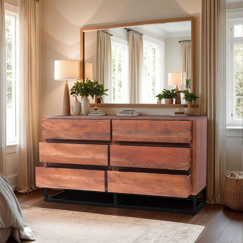 Commode ou surface d'exposition moderne en bois d'acacia avec six tiroirs dotée d'une base en métal Pantai - brun noyer et noir