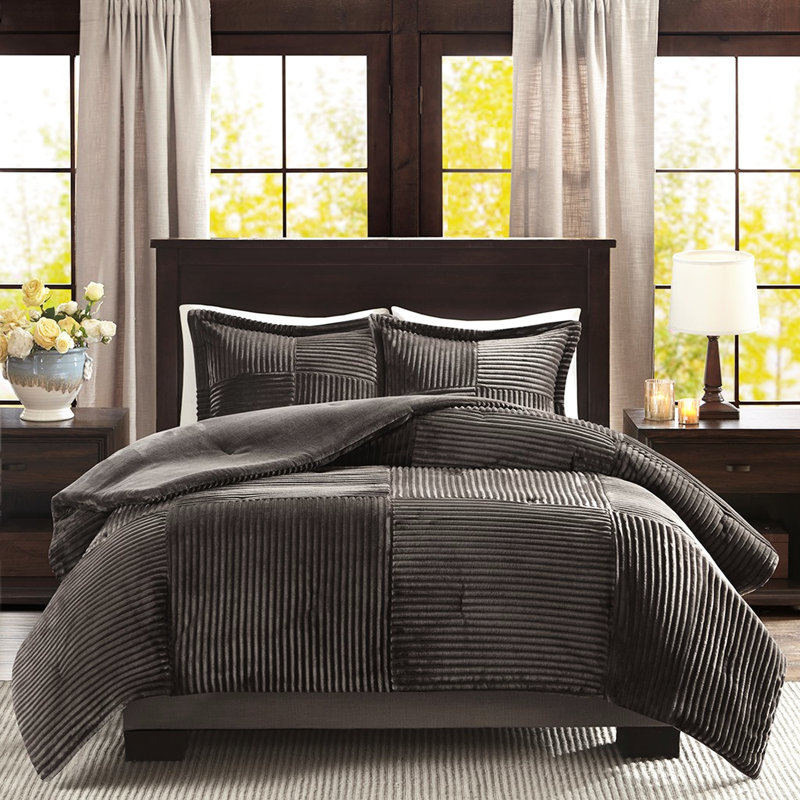 Queen Down Alternative Comforter , Ribbed Face For Bedroom Decor Enhancement, Solid Reverse Cozy Nights, Includes And 2 Shams, Machine Washable, Brown Grey Size Pattern Style, Warm Sleep,