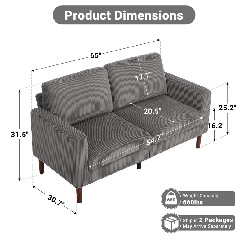  65" Classic Loveseat, Gray Corduroy 