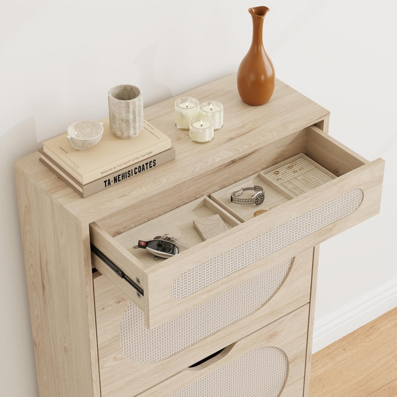 Armoire à chaussures en rotin avec 2 tiroirs rabattables et 1 tiroir coulissant, armoire de rangement pour chaussures sur pied, tablette réglable à 3 positions