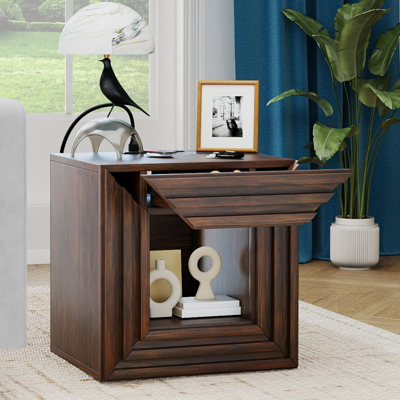  Farmhouse 2-Tier End Table With Drawer & Charging Station