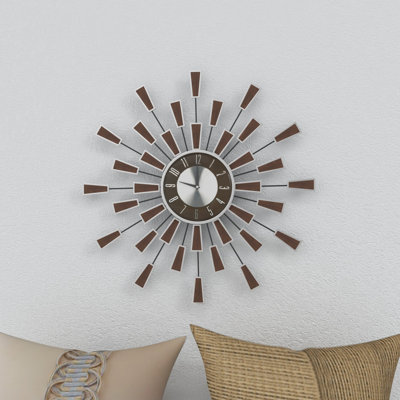 Ladue Metal Starburst Decorative Brown Wall Clock with Silver Accents
