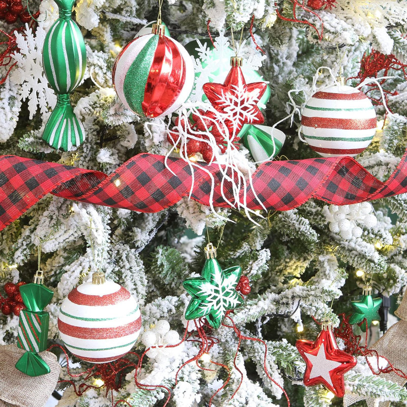 Ensemble de 50 décorations de boules de Noël incassables assorties, babioles, cannes de bonbon, clochettes, flocons de neige, pendentifs, gouttes de fleur, décorations d'arbre de Noël, elf