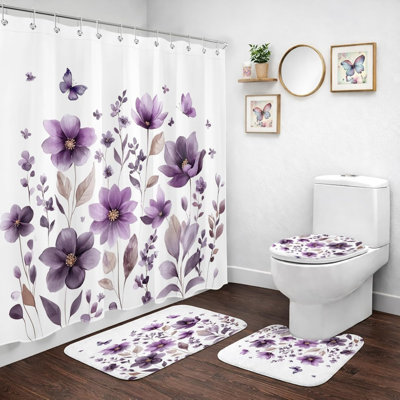 4 Piece Purple Floral Butterfly Watercolor Bathroom Mat Kit