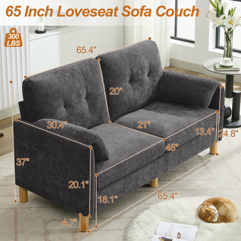 65.4" Chenille Upholstered Loveseat Sofa with Pillow Top Arms, 2 Storage Pockets, Dark Gray