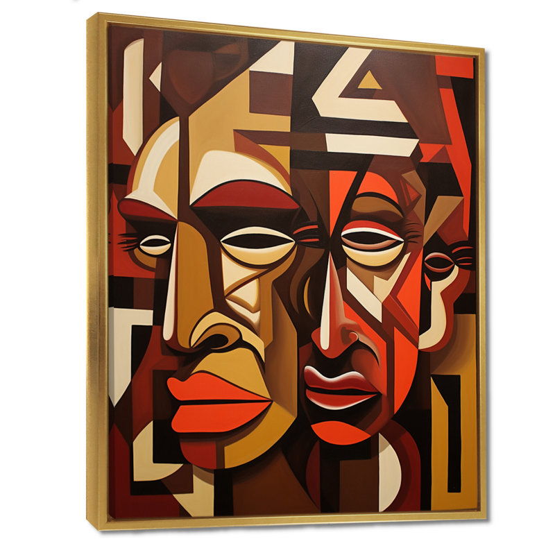 Nostalgia Kushite Geometric Double Portrait - Masque africain, art mural, Cadre flottant doré, H 20 po x l 12 po x P 1 po