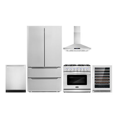 5 Piece Kitchen Package with 36"" Freestanding Gas Range  36"" Wall Mount 24"" Built-in Fully Integrated Dishwasher Energy Star French Door Refrigerator -  Cosmo, COS-5PKG-089