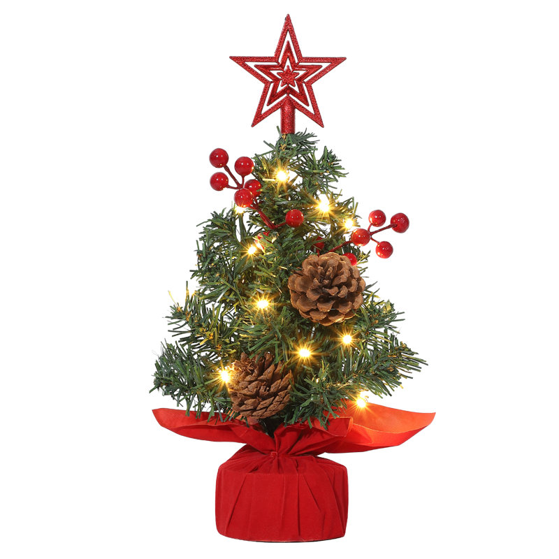 Petit arbre de Noël avec étoile et lumières, arbre de Noël artificiel de table avec baies rouges, H 1 pi, Vert/rouge