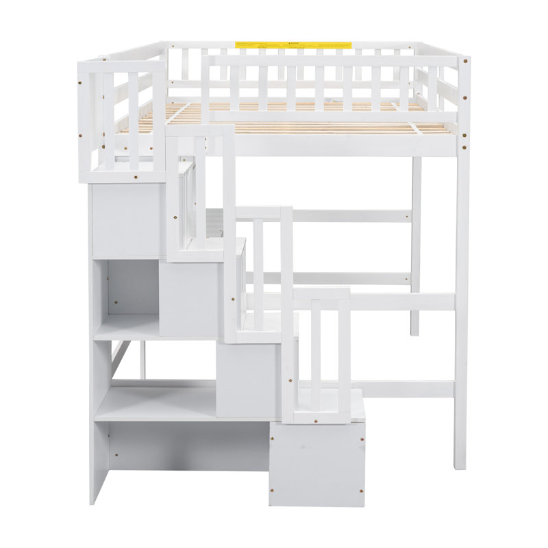 Lit mezzanine double avec bureau intégré, bibliothèques et escalier de rangement, blanc