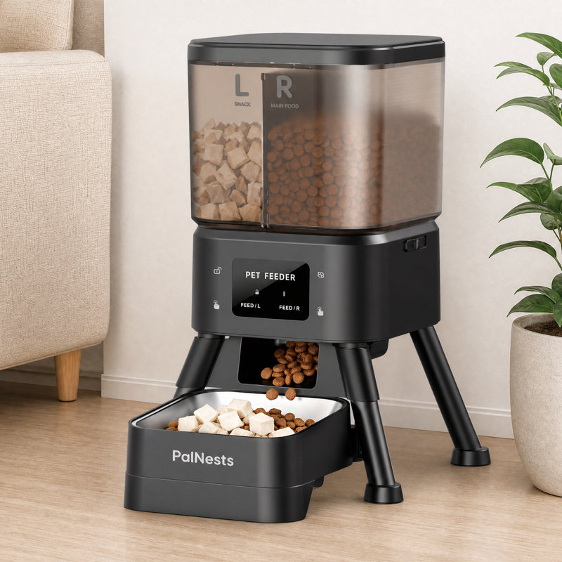 Distributeur automatique de croquettes pour chat de 4 L, à double compartiment, pour croquettes et friandises, contrôlable par application.
