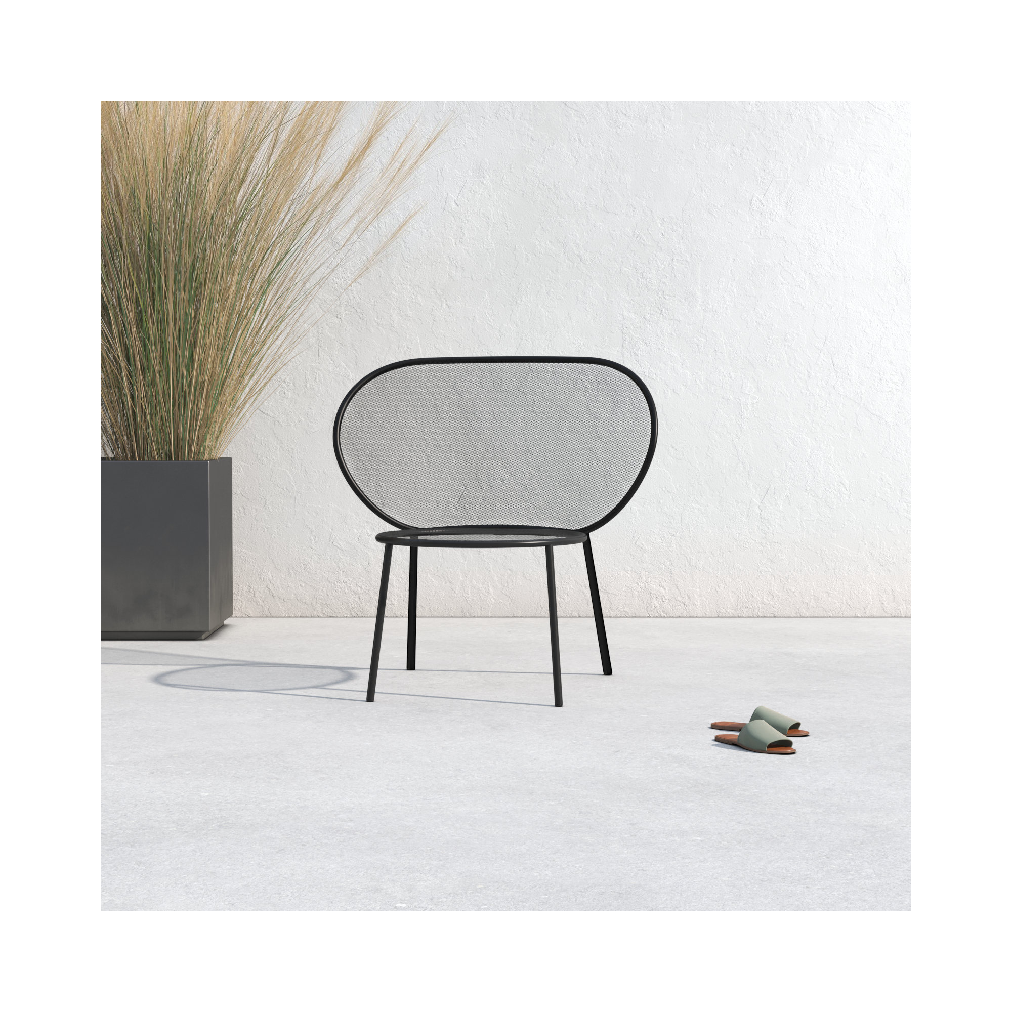 Abberton Powder Coated Steel Outdoor Armless Lounge Chair, Black