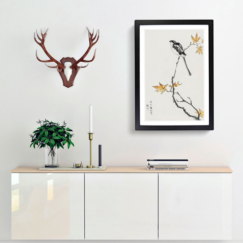 Long-Tailed Tit & Maple Tree by Numata Kashu - Picture Frame Painting Print, 50cm H x 35cm W x 2cm D, Black