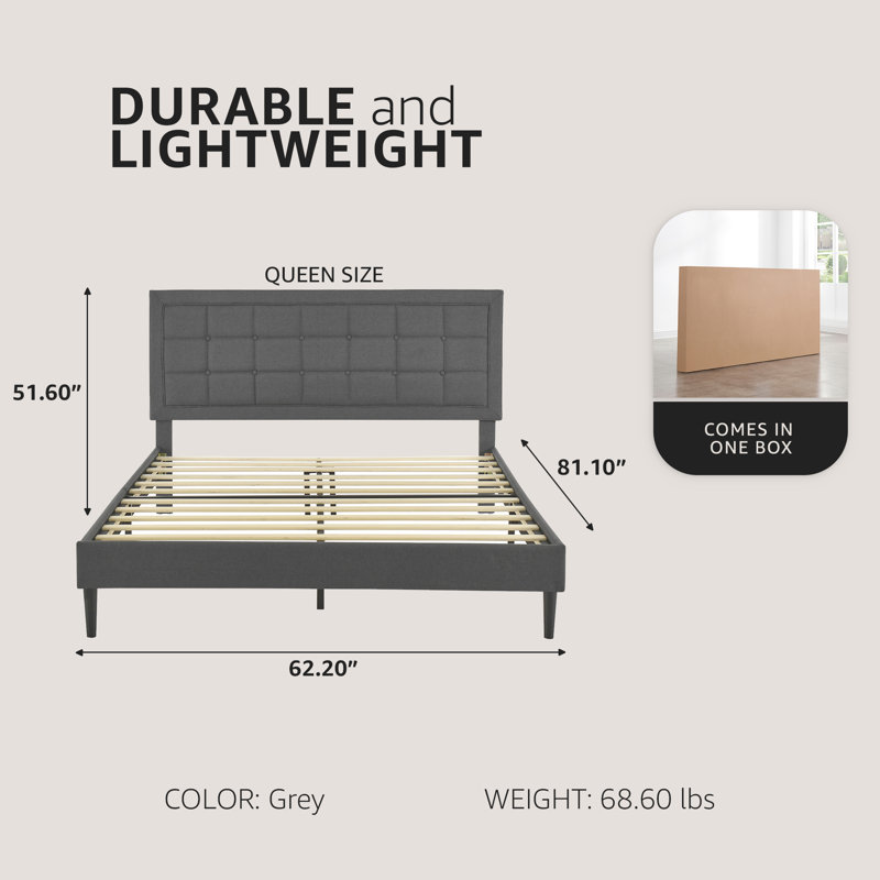 DeCoro Mornington Upholstered Platform Bed w/ Metal Frame, Queen, Light Gray