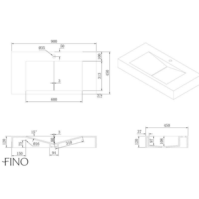 Burgos Matt White Sloped Wall Hung Stone Basin 900mm