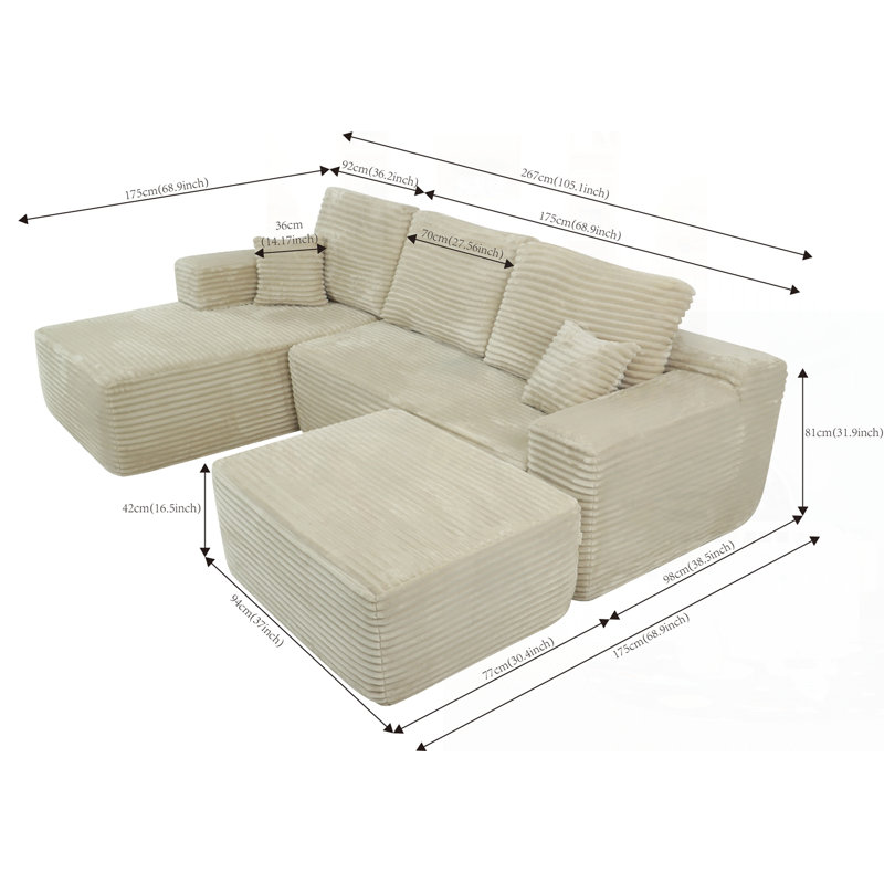 Canapé modulaire Cloud avec méridienne en U et assise profonde pour un confort ultime, aucun assemblage requis., Beige