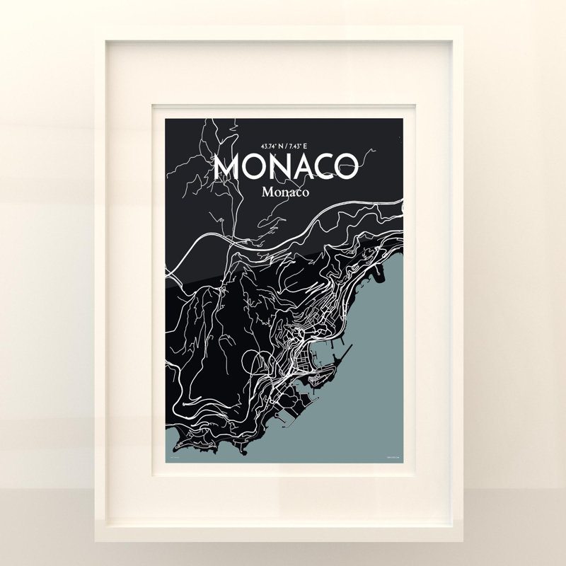 Monaco City Map, impression, Gris / noir, H 24 po x l 18 po