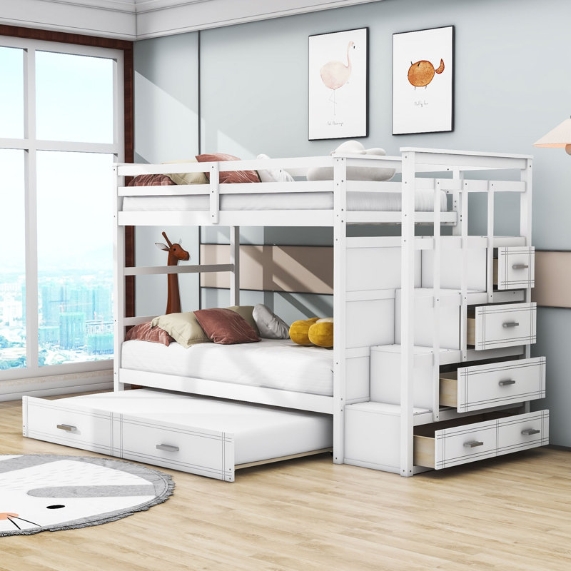 Bailen Kids Twin Over Twin Bunk Bed with Trundle with Drawers, White