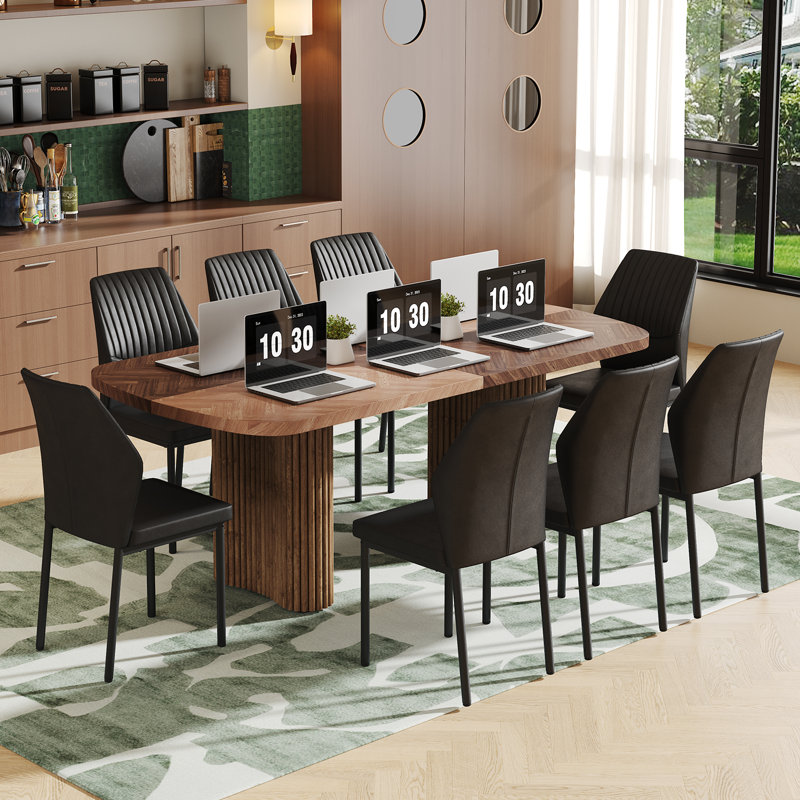 Grande table de salle à manger de style campagnard à double piédestal robuste, Noir, 9 pièces : table, 8 chaises