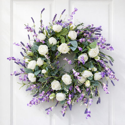 26" Artificial Farmhouse Spring Summer Berry Eucalyptus Blossom Cluster Wildflower Rose Floral Wreath For Front Door Wedding Party Decor