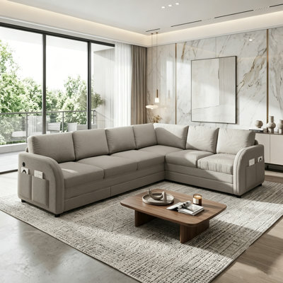 Modern Modular 6-Seater L-Shaped Reversible Sectional Sofa Bed With Pull-Out Sleeper, Usb Port With Storage Pockets