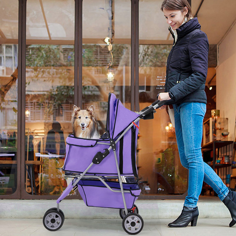 Purple 3-Wheel Foldable Pet Stroller with Storage Basket