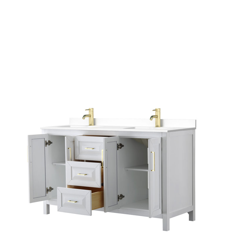 Daria 60'' W Double Vanity, White Cultured Marble, White, Brushed Gold