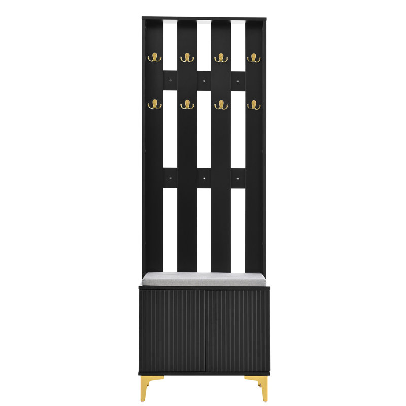ON-TREND Modern Luxury 4-In-1 Hall Tree With Cushion, Versatile Coat Rack With 8 Gold Hooks And Legs, Entryway Bench With Adjustable Shelves & Fluted Doors For Hallway, Living Room, Black, 23.6"*70.8"