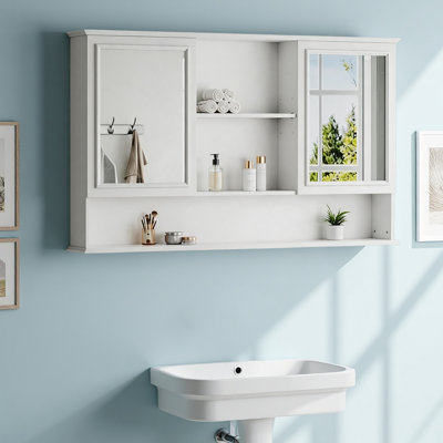60" Wall-Mounted Bathroom Medicine Cabinet with Double Mirrored Doors, Adjustable Shelves, Open Storage, Soft-Close Hinges
