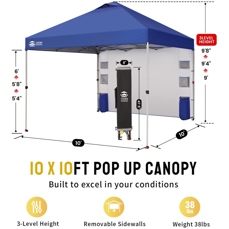 10 Ft. W x 10 Ft. D Steel Pop Up Canopy Outdoor Shade with Pockets Sidewall, Navy Blue