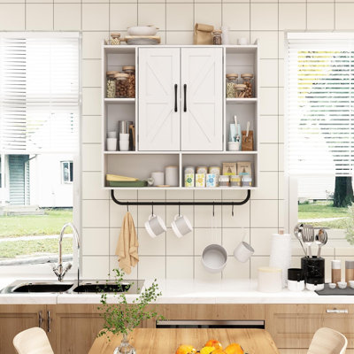 Rustic Wood Wall Bathroom Cabinet, Farmhouse Medicine Cabinet Wall Mounted, Space Saving Wall Storage Cabinet With 2 Barn Door, 3-Tier Adjustable Shelves And Towel Bar (White)