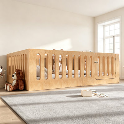 Queen Size Floor Bed with High Fence for Kids, Solid Wood Kids Montessori Bed with Door, low-profile and No Box Spring Needed Design, Natural