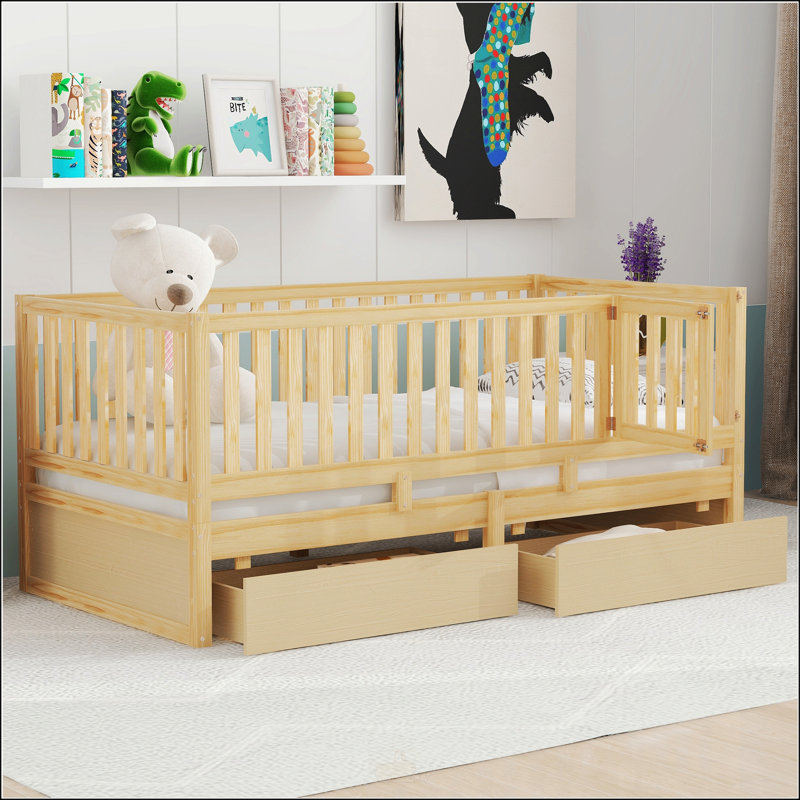 Lit de jour simple en bois avec garde-corps et rangement, divisé en deux lits pour une flexibilité maximale, Naturel
